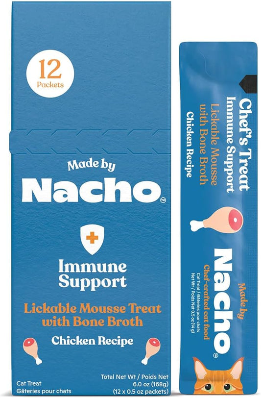 Made by Nacho Functional Mousse Sachets, Lickable Cat Treats, 12 Count with Bone Broth, 0.5 oz, No Grains, Corn, Wheat or Soy