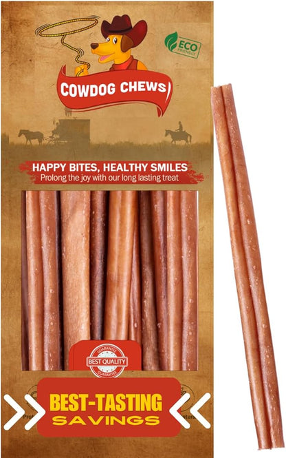Cowdog Chews Beef Bully Stick: Odor-Free, Fully Digestible Beef Collagen Chews (9-12", 10 Count) - Natural, Grain-Free, Long-Lasting Collagen Bully Stick Substitute for All Dog Breeds