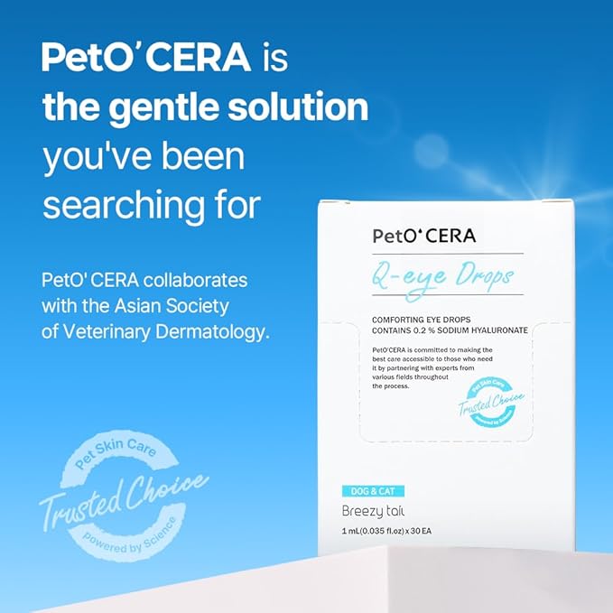 Breezytail PetO’Cera Q-Eye, Lubricating Eye Drops, Daily Moisture for Dry Eyes, Gently Flushes Irritants & Tear Stains, Vet-Approved for Dogs & Cats, 1ml*30ea