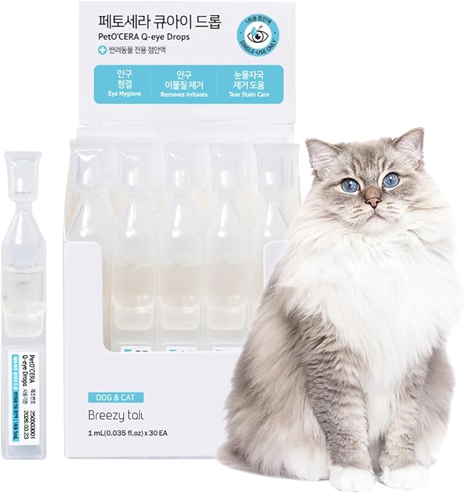 Breezytail PetO’Cera Q-Eye, Lubricating Eye Drops, Daily Moisture for Dry Eyes, Gently Flushes Irritants & Tear Stains, Vet-Approved for Dogs & Cats, 1ml*30ea