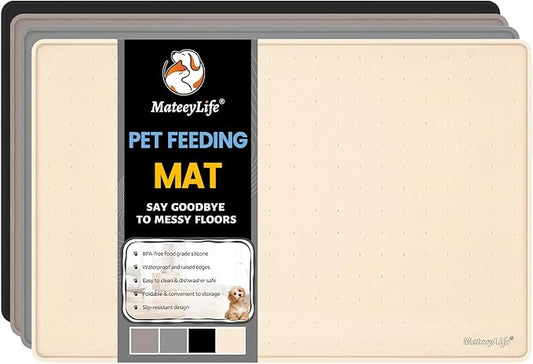 MateeyLife Dog & Cat Food Mat, Waterproof & Nonslip Silicone Feeding Mats for Dogs and Cats, Raised Edge Tray for Messy Drinkers, 22"x14", Beige