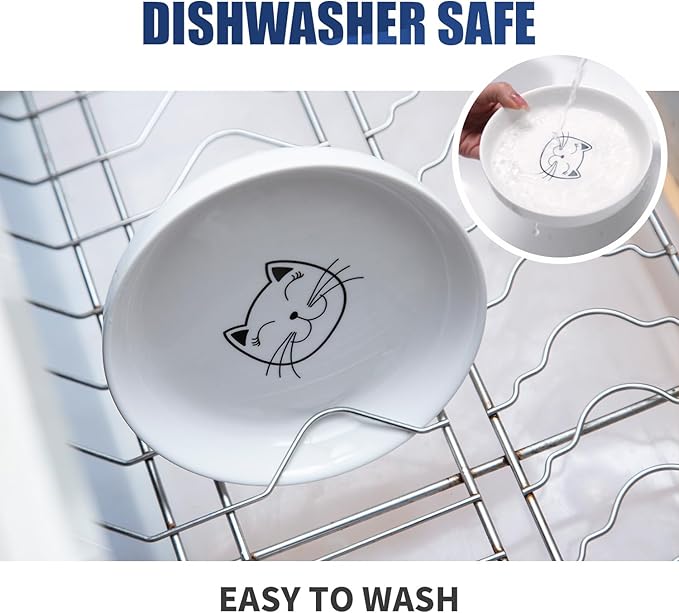 Shallow Elevated Cat Bowls,5.9 Inch Wide Raised Ceramic Cat Dishes with Bamboo Stand, Whisker Friendly Pet Water or Food Plates Feeding Station for Indoor Cats, Kitten (Blue,Set of 2)