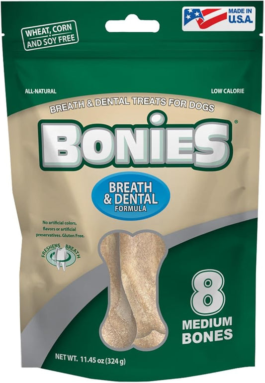 Bonies Breath and Dental Formula Treats for Dogs, All-Natural Ingredients, Fresh Breath, Cleans Teeth, Low Calories, Chicken Flavor - Medium, 8 Bones, 11.45-oz