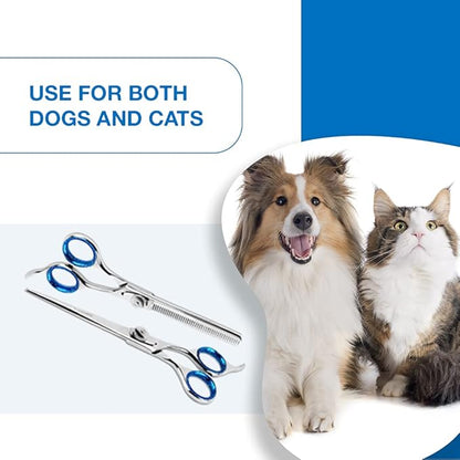 Laazar Pet Grooming Set - 7" Straight Pet Grooming Scissors & 6.5" Pet Thinning Shears with 42 Teeth | Professional Dog Scissors Kit | Use as Cat and Dog Shears