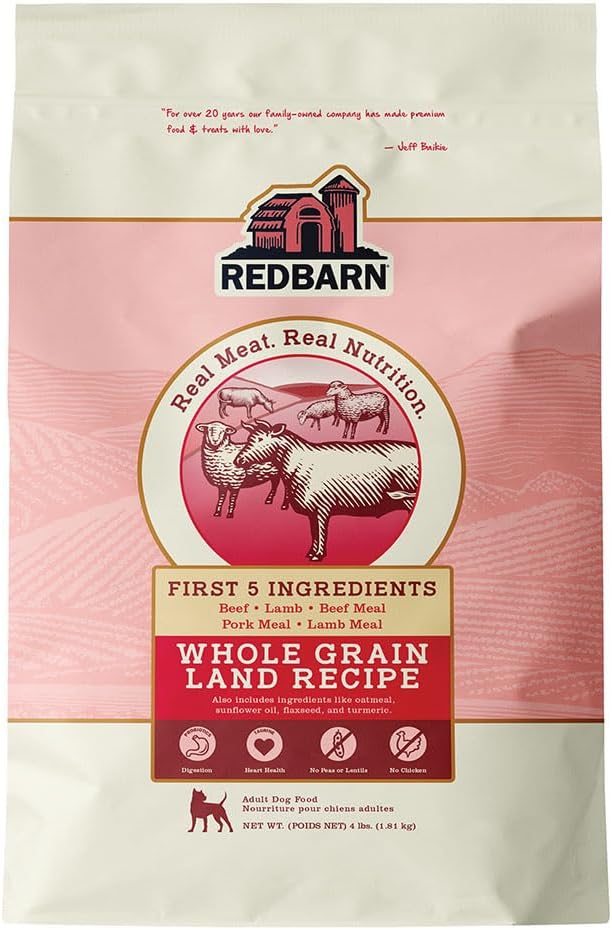Redbarn Whole Grain Adult Dry Dog Food Kibble - Land Beef Recipe - Made in USA No Chicken Recipe with Functional Ingredients to Support Healthy Heart, Skin, Coat, Immunity & Digestion - 4lb