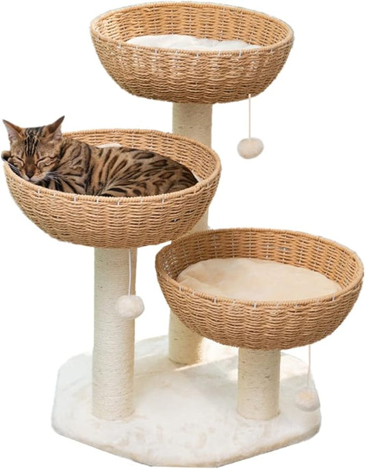 SHENGOCASE Cat Tree Tower with Rattan Wicker Basket, 3 Handwoven Large Nest Baskets Bed, Window Perch for Large Cats up to 20LBS