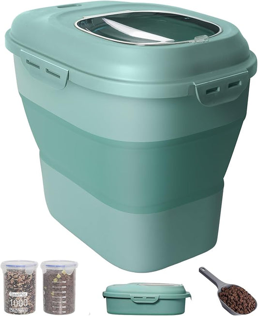 30-35 Lbs Dog Food Storage Container Collapsible Dog Food Container with Airtight Lids, Wheels, Scoop and 2pcs Food Storage Containers, Large Pet food storage for Dog, Cat (Green)