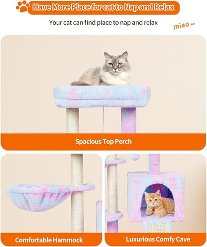 FISH&NAP Cute Cat Tree Kitten Cat Tower for Indoor Cat Condo Sisal Scratching Posts with Jump Platform Cat Furniture Activity Center Play House Rainbow