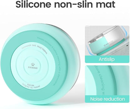 Pawaii Stainless Steel Dog Bowl with Non-Slip Rubber Base & Double Wall Insulation - Durable Design | Includes ID Tag | Dishwasher Safe Food & Water Bowl for All Dogs (34oz)