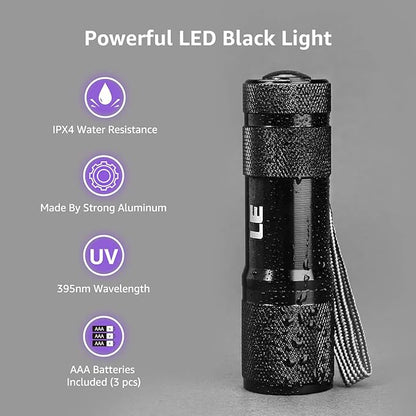 Lighting EVER Black Light Flashlight, Small UV Lights 395nm, Portable Ultraviolet Light Detector for Invisible Ink Pens, Dog Cat Pet Urine Stain, AAA Batteries Included