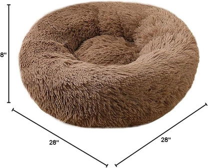 BODISEINT Faux Fur Dog Bed Cat Bed,Shag Round Anti-Anxiety Pet Calming Bed Doughnut Cuddler for Medium Large Puppy Dog Cat Kennel Cushion Self Warming Bed (28'' D x 8'' H, Coffee)