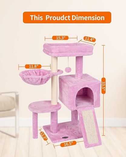 FISH&NAP Cute Cat Tree Kitten Cat Tower for Indoor Cat Condo Sisal Scratching Posts with Jump Platform Cat Furniture Activity Center Play House Pink