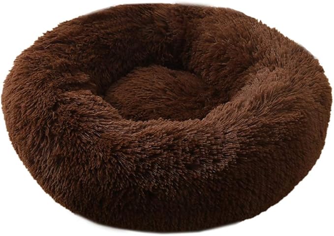 BODISEINT Faux Fur Dog Bed, Shag Round Anti-Anxiety Pet Calming Doughnut Cuddler for Medium Large Puppy Dog Cat Kennel Cushion Self Warming Bed (28'' D x 8'' H, Chocolate)