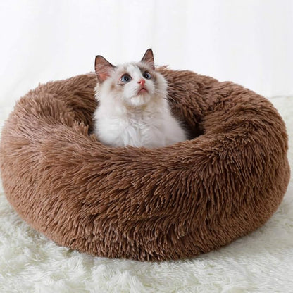 BODISEINT Faux Fur Dog Bed Cat Bed,Shag Round Anti-Anxiety Pet Calming Bed Doughnut Cuddler for Medium Large Puppy Dog Cat Kennel Cushion Self Warming Bed (28'' D x 8'' H, Coffee)