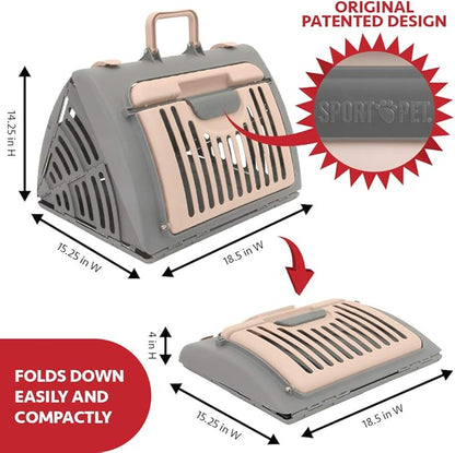 SportPet Designs Foldable Travel Cat Carrier - Front Door Plastic Collapsible Carrier Collection, Waterproof Bed