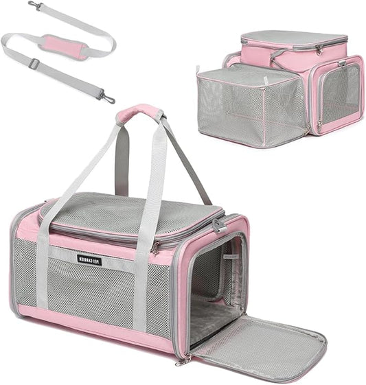 Airline Approved Pet Carrier for Cats and Small Dogs up to 15 lbs, Breathable Mesh, Portable Travel Bag for Bearded Dragon, Puppies Animal Hangbag, Rabbit Cage (Pink, Expandable)