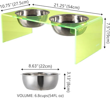 THE LICKER STORE DBL2001G Keaton 7.5" Medium/Large Modern Acrylic Rectangular Elevated Pet Feeder with 54oz 2-Stainless Steel Bowls, Green/Chrome