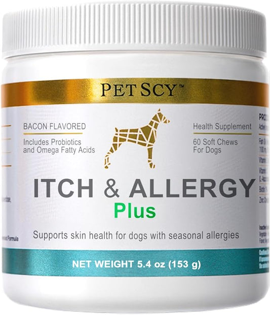 PetScy Itch & Allergy Plus Chews for Dogs Itchy Skin, Ears & Paws | Probiotics, Moringa & Turmeric | Dog Allergy Relief for Skin Redness, Hair Loss Gut & Digestive Health - Bacon Flavor - 60 Chews