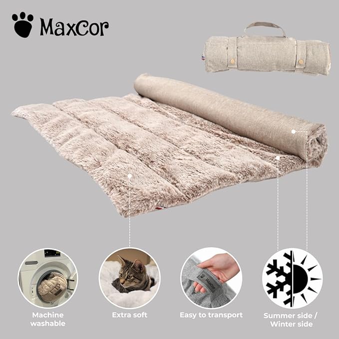 Small Rectangular Beige Cat and Dog Bed - Relieves and Preserves Joints - Reversible Summer/Winter mat and Easy to Carry - Machine Washable and Does Not Deform