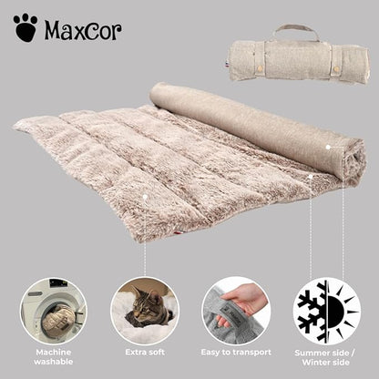 Small Rectangular Beige Cat and Dog Bed - Relieves and Preserves Joints - Reversible Summer/Winter mat and Easy to Carry - Machine Washable and Does Not Deform