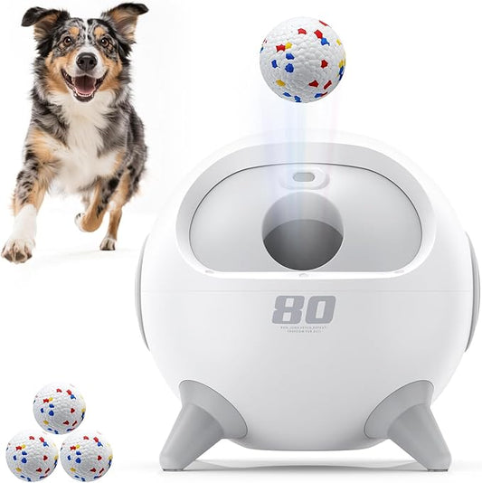 uahpet Automatic Ball Launcher for Dog with Obstacle Detection, 20ft-80ft Adjustable Distances Ball Thrower Launcher for Medium & Large Dogs with 3Balls (2.5 inches)