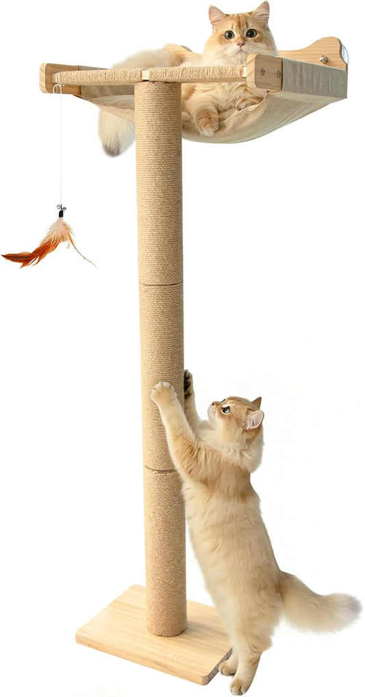Cat Window Perch with Scratching Post, 46" Adjustable Tall Scratching Posts & Suction Cup – Multi-Level Perch for Climbing, Bird Watching, and Play, Supports 45 lbs (Drilling-Free)