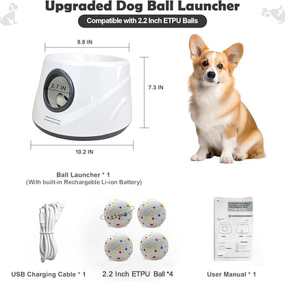 Automatic Dog Ball Launcher, Upgraded Interactive Dogs Balls Thrower for Small Dogs, Distance Adjustable Mental Stimulating Dog Toys with 4 Durable Etpu Balls 2.2 Inch (Silver Grey)