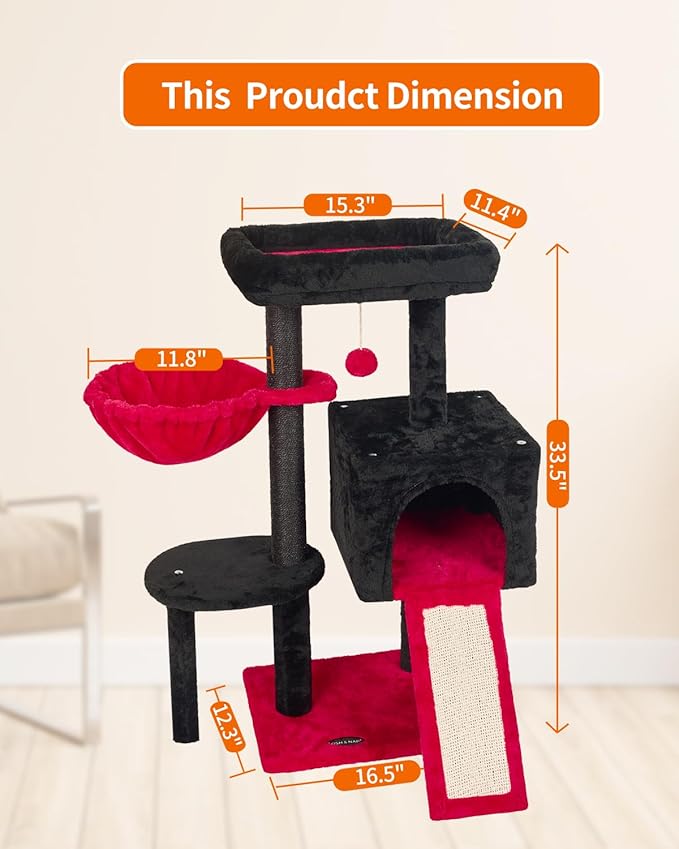 FISH&NAP Cute Cat Tree Kitten Cat Tower for Indoor Cat Condo Sisal Scratching Posts with Jump Platform Cat Furniture Activity Center Play House RedBlack