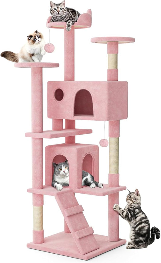 MoNiBloom 77 Inch Cat Tree Tower for Indoor Cats Large Adults, Tall Cat Tower with Scratching Post, Multi-Level Furniture Activity Center with Cat Condo Pet Play House, Soft Pink