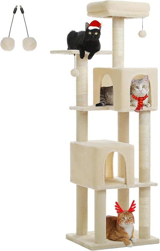 62" Cat Tree for Indoor Cats, Multi-Level Cat Tower with 2 Spacious Condos, Dual Top Perches, Scratching Pad, 4 Scratching Posts, 2 Pompoms, Beige