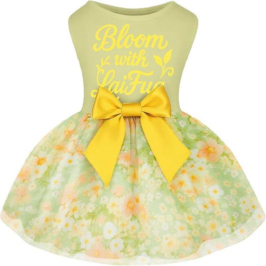Laifug Dog Dress Puppy Print Princess Dog Dress Cute Party Wear (Yellow Green, L)