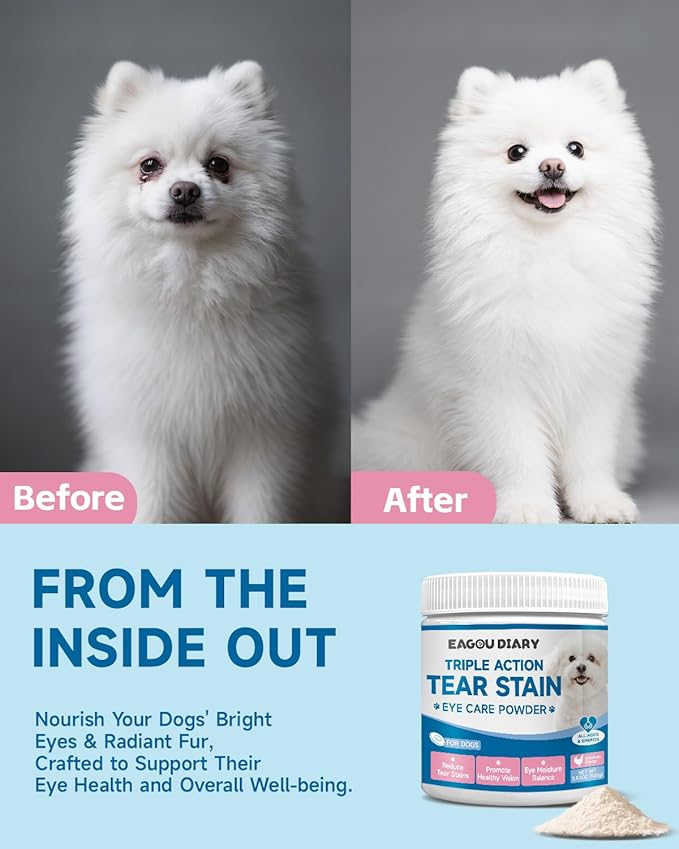 Dog Tear Stain Supplement - Tear Stain Remover for Dogs, Eye Vision & Immune Support, Lutein,Chamomile, Vitamin, Probiotic,100g, Chicken Flavor, Tear Stain Supplement for White Dog