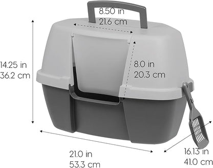 IRIS USA Corner Cat Litter Box Enclosure with Scoop, Small Cat Litter Box with Lid, Corner Litter Box Enclosure for Kittens to Medium Sized Cats, Odor Defensive Hooded Litter Tray, Dark Gray
