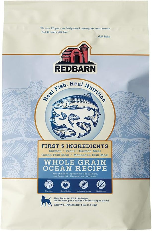 Redbarn Whole Grain Adult Dry Dog Food Kibble - Ocean Fish Recipe - Made in USA No Chicken Recipe with Functional Ingredients to Support Healthy Heart, Skin, Coat, Immunity & Digestion - 4lb