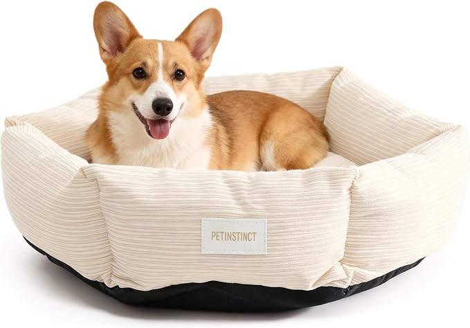 Petinstinct Medium Dog Bed, 30 Inch Washable Corduroy Dog Bed with Removable Cover & Anti-Slip Bottom, Durable Comfort for Medium to Large Dogs up to 45 lbs (Cream White)