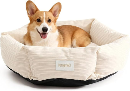 Petinstinct Medium Dog Bed, 30 Inch Washable Corduroy Dog Bed with Removable Cover & Anti-Slip Bottom, Durable Comfort for Medium to Large Dogs up to 45 lbs (Cream White)