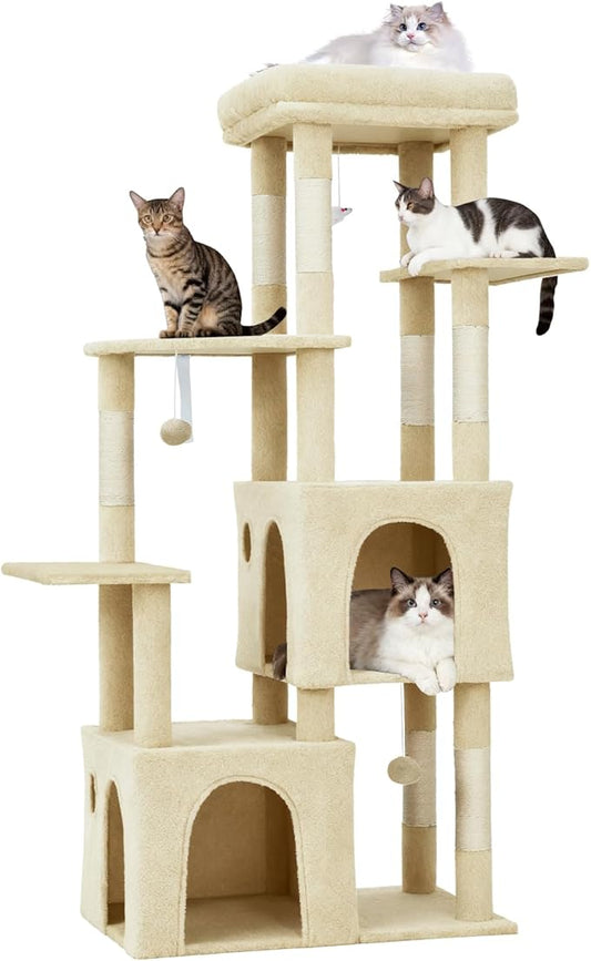 GarveeLife 61" Multi-Level Cat Tree for Indoor Cats, Heavy-Duty Tower for Large Adult & Maine Coon Cats with Oversized Perch, Dual Condos, Natural Sisal Scratching Posts & Play Toys – Beige