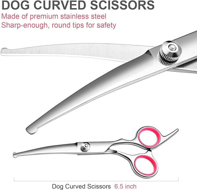 Dog Grooming Scissors with Safety Round Tips Stainless Steel Professional Dog Grooming Kit - Thinning, Curved Scissors and Comb for Cat Pet (Pink 4 in 1)