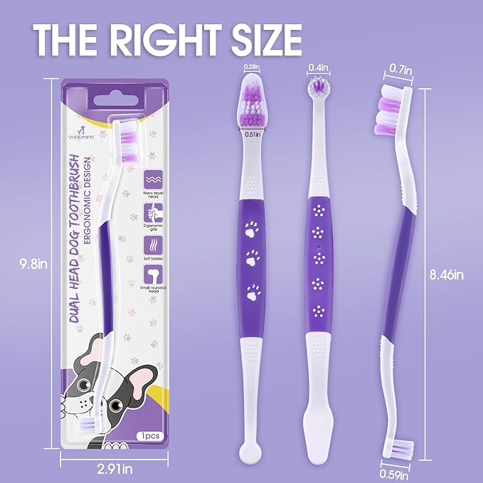 Dog Toothbrush – Newly Upgraded Dual-Head Design with 60° Wavy Bristles–Gently Surrounds Teeth for Deep Cleaning and Plaque Removal – Non-Slip Handle, Ideal for Daily Pet Dental Care (Purple, 2-Pack)