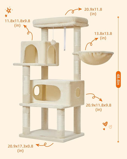 Taoqimiao Cat Tree,49-Inch Cat Tower for Indoor Cats,2 Luxurious cat condo with Adjustable Large Hanging Baskets and Large Luxurious Perch Beige MS029LM
