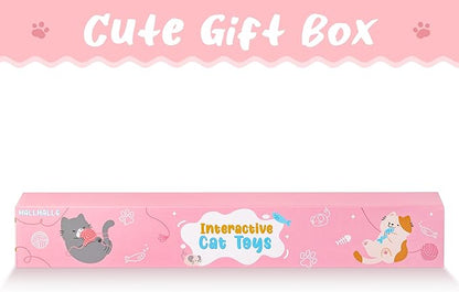 MALLMALL6 10Pcs Cat Toy Set Interactive Cat Toys Pack Including Feather Teaser Wand Cat Springs Mice Crinkle Balls and Pet Bell Balls, Puzzle Toys for Indoor Cats Gift (Pink)