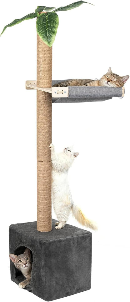 XiaZ Cat Window Perch with Tall Scratching Post, 58" Cats Window Hammock with Cat Condo, Multi-Level Cats Scratching Post for Climbing, Sleeping & Watching Birds