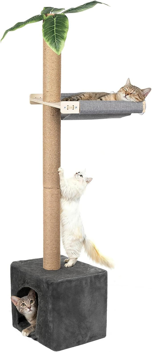 XiaZ Cat Window Perch with Tall Scratching Post, 58" Cats Window Hammock with Cat Condo, Multi-Level Cats Scratching Post for Climbing, Sleeping & Watching Birds