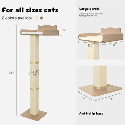 Cat Window Perch with Thick Sisal Scratching Post, Cat Hammock for Window, 53.5" Adjustable Tall Cats Scratching Post with 2 Upgrade Suction Cups, Cats Window Bed with Fluffy Cushion, Sisal