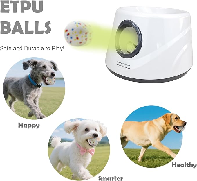 Automatic Dog Ball Launcher, Upgraded Interactive Dogs Balls Thrower for Small Dogs, Distance Adjustable Mental Stimulating Dog Toys with 4 Durable Etpu Balls 2.2 Inch (Silver Grey)