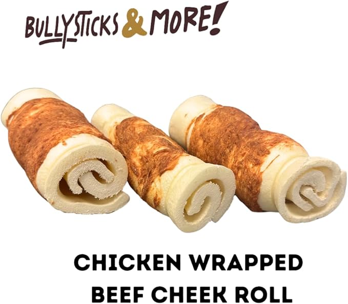 BULLYSTICKS & MORE 5-6" Beef Cheek Rolls for Dogs (Chicken Wrapped - 3 Count) - Beef Cheek Bones for Dogs - Dog Parents Choice - Premium No Hide Rolls