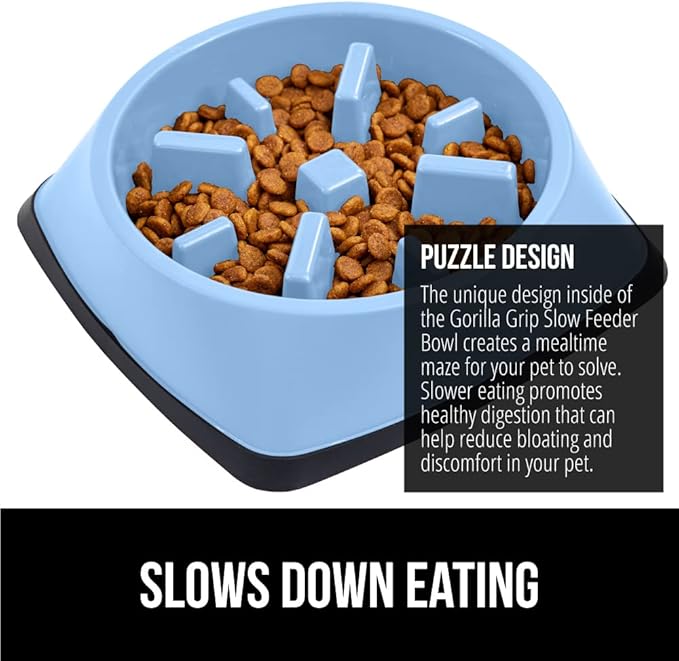GORILLA GRIP Patent Pending Slow Feeder Dog Bowls, Interactive Puzzle Toy for Dogs and Cats Food Training, Keeps Pets Busy and Prevents Puppy Overeating, All Breeds, 100% BPA Free, 1 Cup, Light Blue