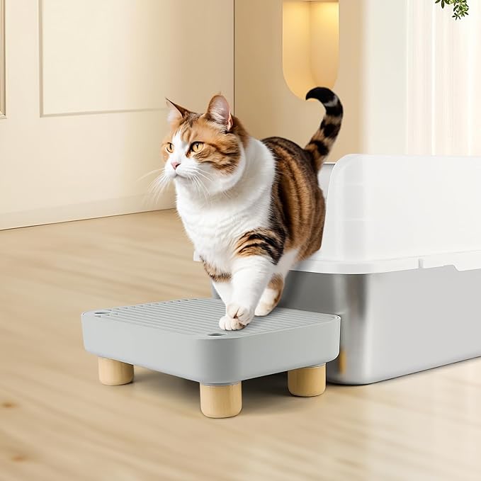 Litter Box Step, Cat Step/Ramp/Catcher with Wooden Base, Filter Function, Easy to Clean, Ideal for Kitten & Elderly Cats (Light Grey)