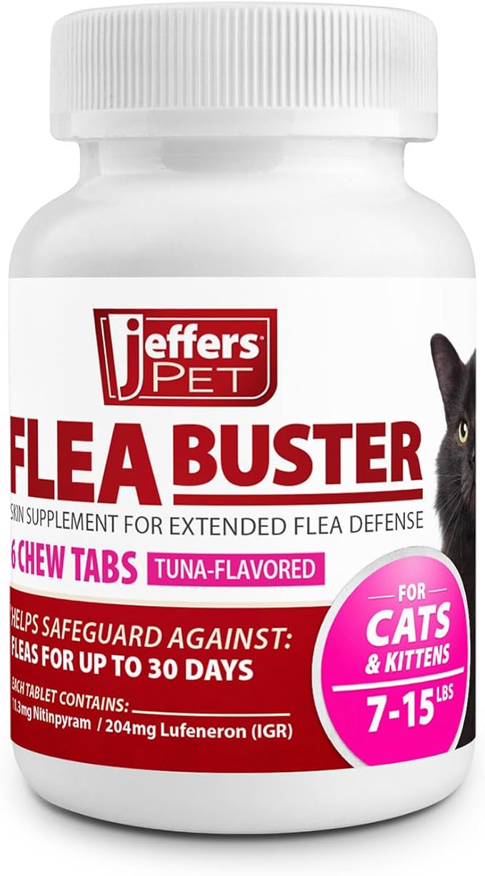 Jeffers Pet Flea Buster Chewable Tablets for Cats and Kittens 7-15 lbs, Tuna Flavor Supplements, Monthly Cat Flea Support, Made in USA, Easy to Feed Cat Tablets, Travel Friendly - 6 Count