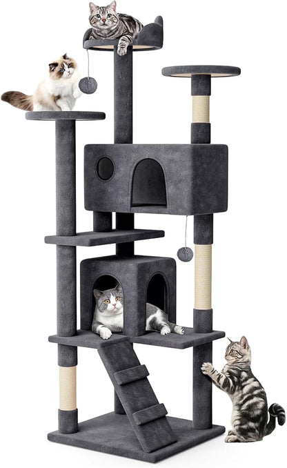 MoNiBloom 77 Inch Cat Tree Tower for Indoor Cats Large Adults, Tall Cat Tower with Scratching Post, Multi-Level Furniture Activity Center with Cat Condo Pet Play House, Smoky Grey